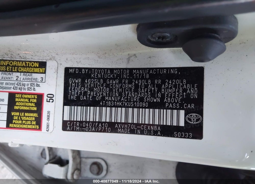 2019 TOYOTA CAMRY HYBRID VIN: 4T1B31HK7KU510090