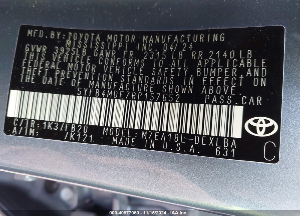 2024 TOYOTA COROLLA LE VIN: 5YFB4MDE7RP157652