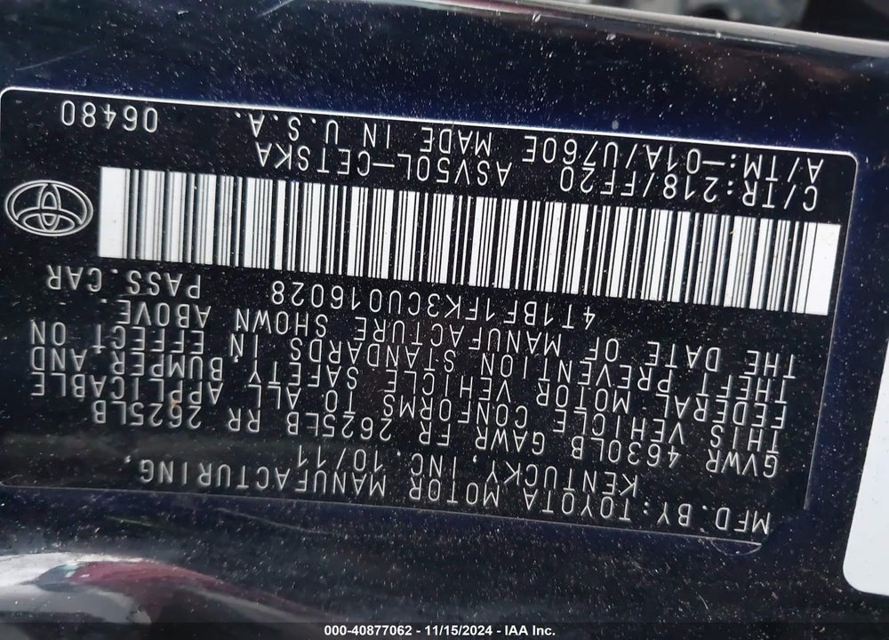 2012 TOYOTA CAMRY VIN: 4T1BF1FK3CU016028