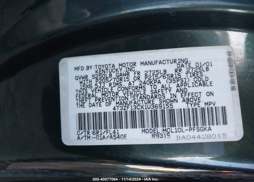 2001 TOYOTA SIENNA XLE VIN: 4T3ZF13CX1U369155
