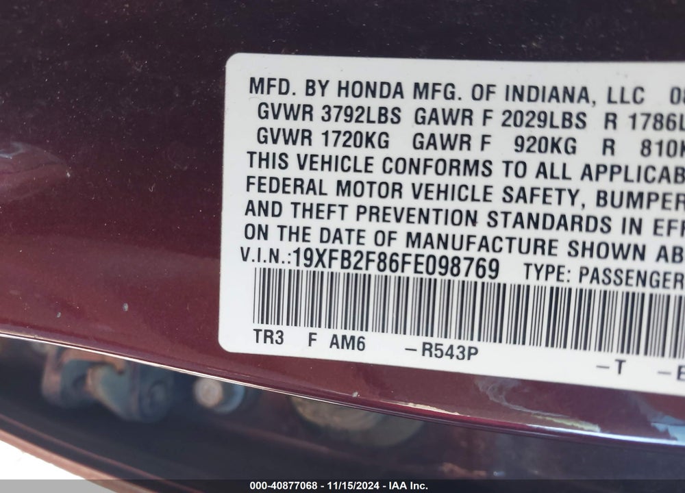 2015 HONDA CIVIC VIN: 19XFB2F86FE098769