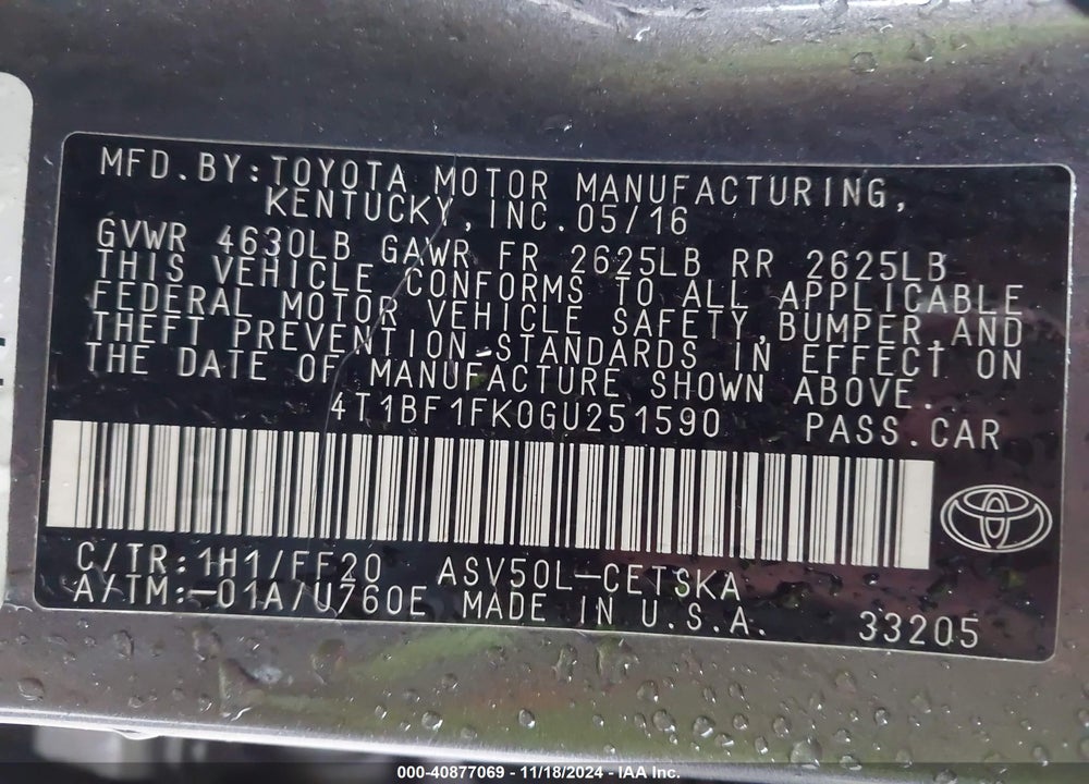 2016 TOYOTA CAMRY SE VIN: 4T1BF1FK0GU251590
