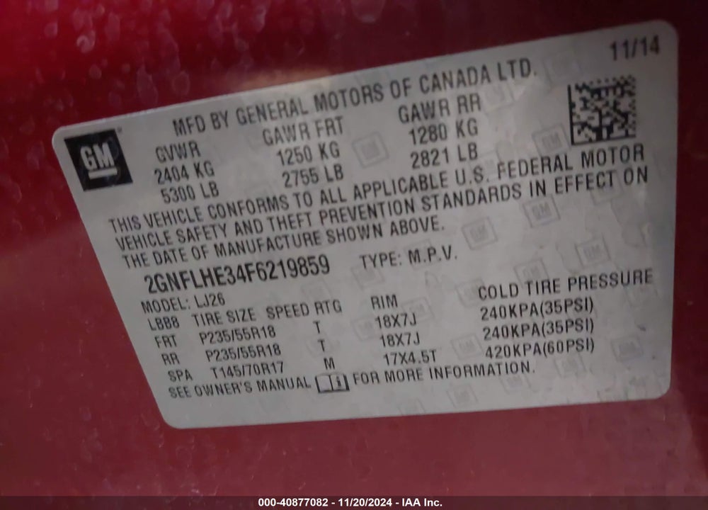 2015 CHEVROLET EQUINOX LTZ VIN: 2GNFLHE34F6219859