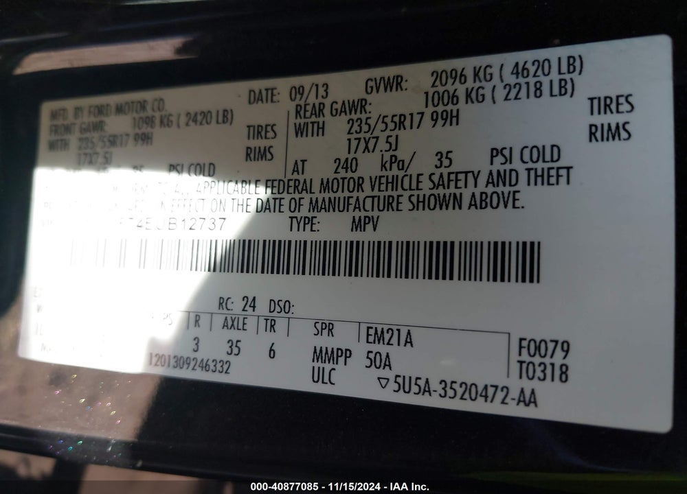 2014 FORD ESCAPE S VIN: 1FMCU0F74EUB12737