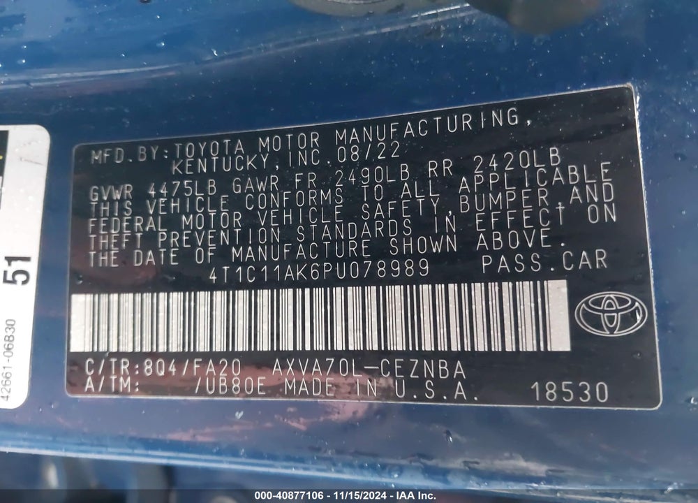 2023 TOYOTA CAMRY VIN: 4T1C11AK6PU078989