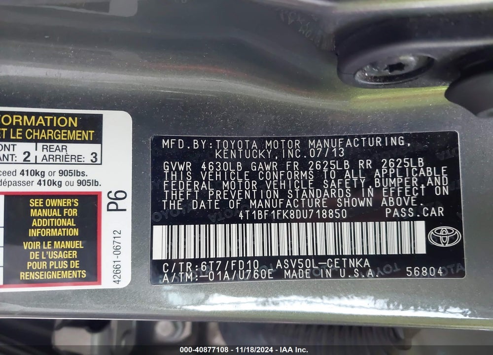 2013 TOYOTA CAMRY LE VIN: 4T1BF1FK8DU718850