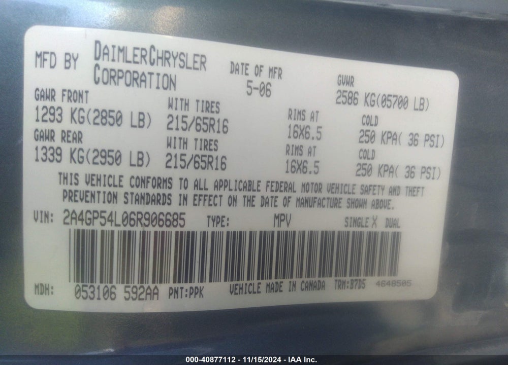 2006 CHRYSLER TOWN & COUNTRY TOURING VIN: 2A4GP54L06R906685
