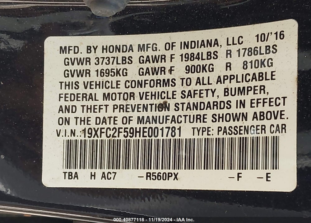 2017 HONDA CIVIC VIN: 19XFC2F59HE001781