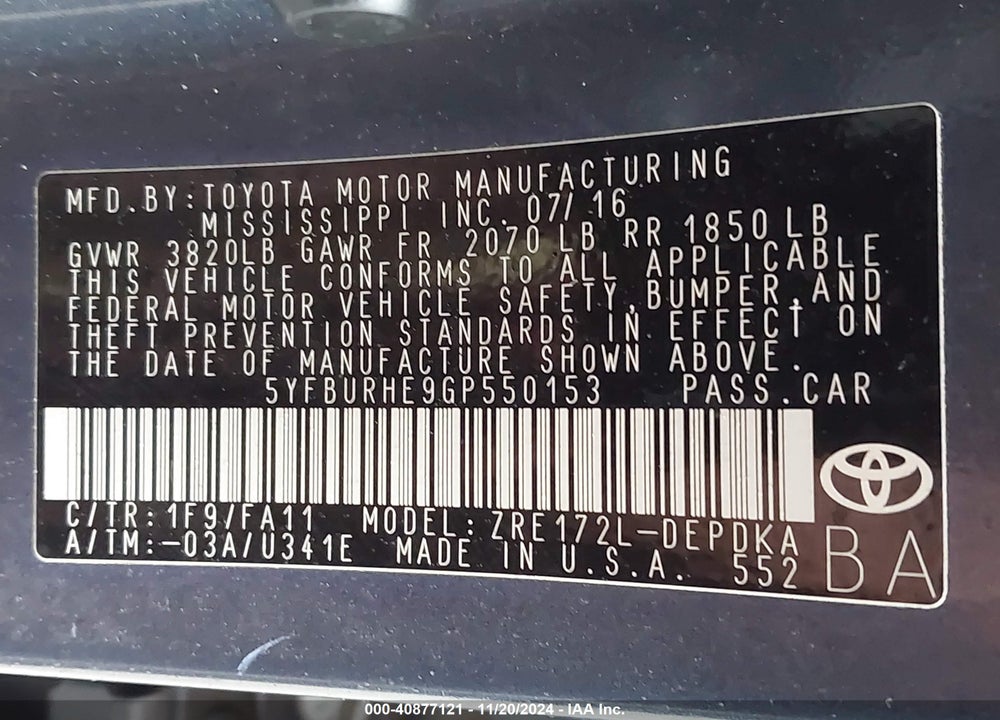 2016 TOYOTA COROLLA L VIN: 5YFBURHE9GP550153