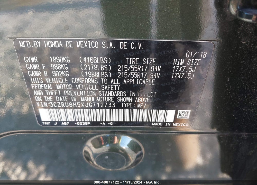 2018 HONDA HR-V EX VIN: 3CZRU6H5XJG712733