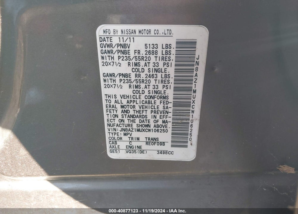 2012 NISSAN MURANO LE VIN: JN8AZ1MUXCW106250