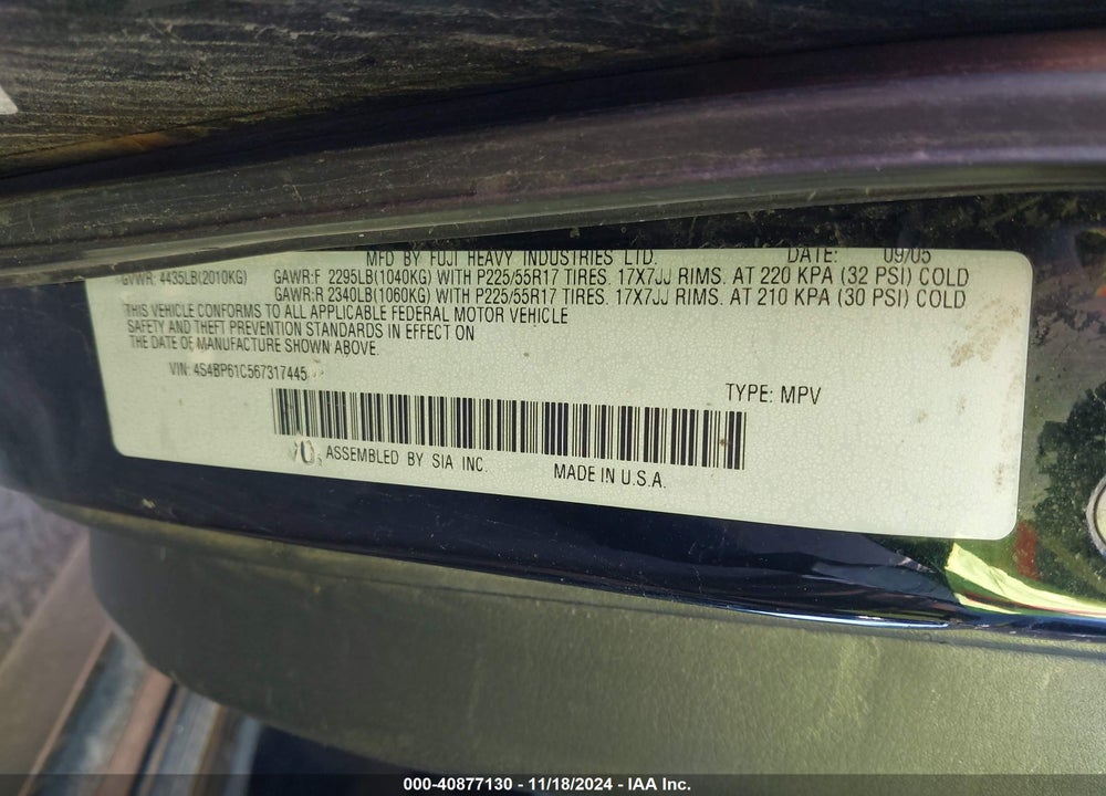 2006 SUBARU OUTBACK 2.5I VIN: 4S4BP61C567317445