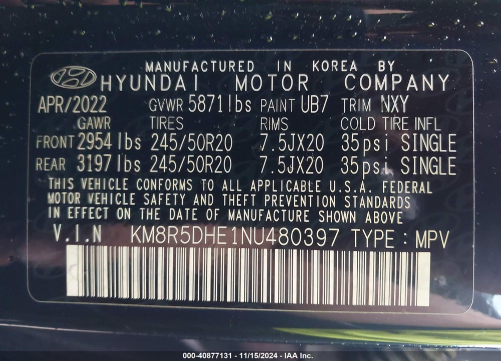 2022 HYUNDAI PALISADE LIMITED VIN: KM8R5DHE1NU480397