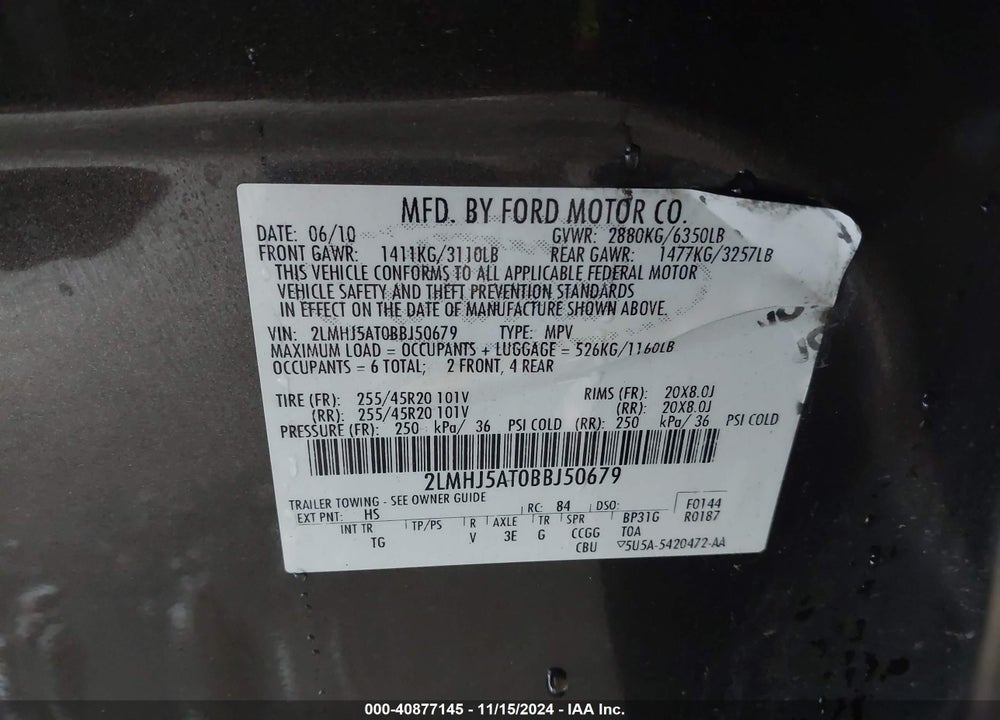 2011 LINCOLN MKT ECOBOOST VIN: 2LMHJ5AT0BBJ50679