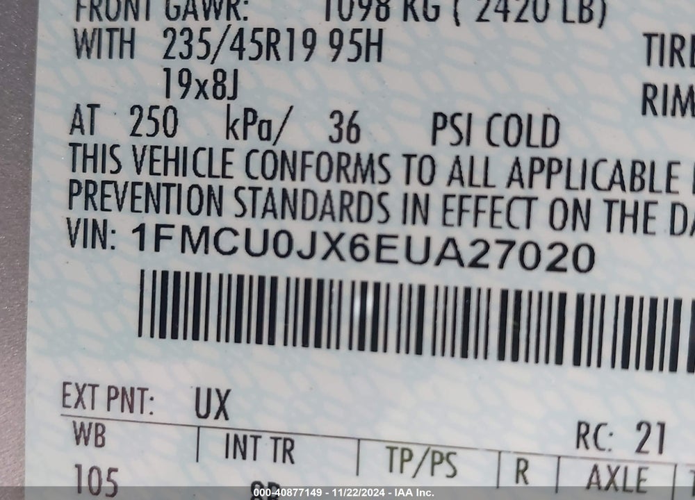 2014 FORD ESCAPE VIN: 1FMCU0JX6EUA27020