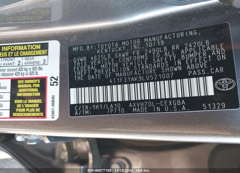 2020 TOYOTA CAMRY VIN: 4T1F31AK9LU521007