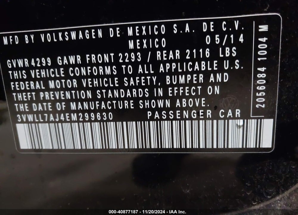 2014 VOLKSWAGEN JETTA 2.0L TDI VALUE EDITION VIN: 3VWLL7AJ4EM299630