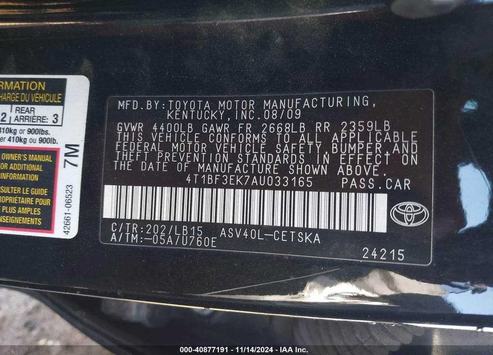 2010 TOYOTA CAMRY SE VIN: 4T1BF3EK7AU033165
