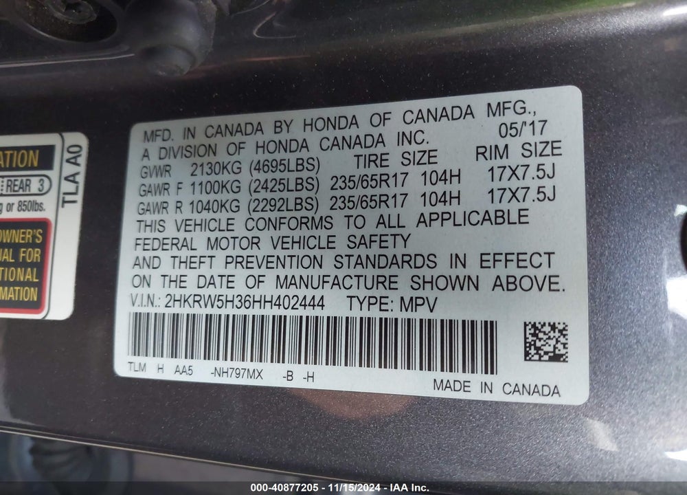 2017 HONDA CR-V VIN: 2HKRW5H36HH402444