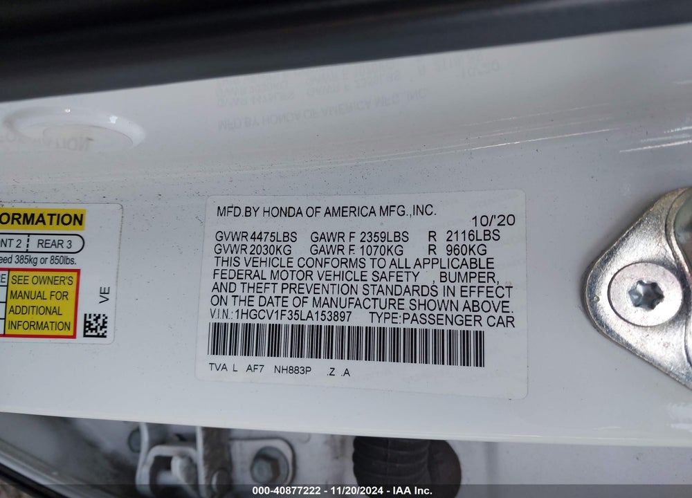 2020 HONDA ACCORD VIN: 1HGCV1F35LA153897