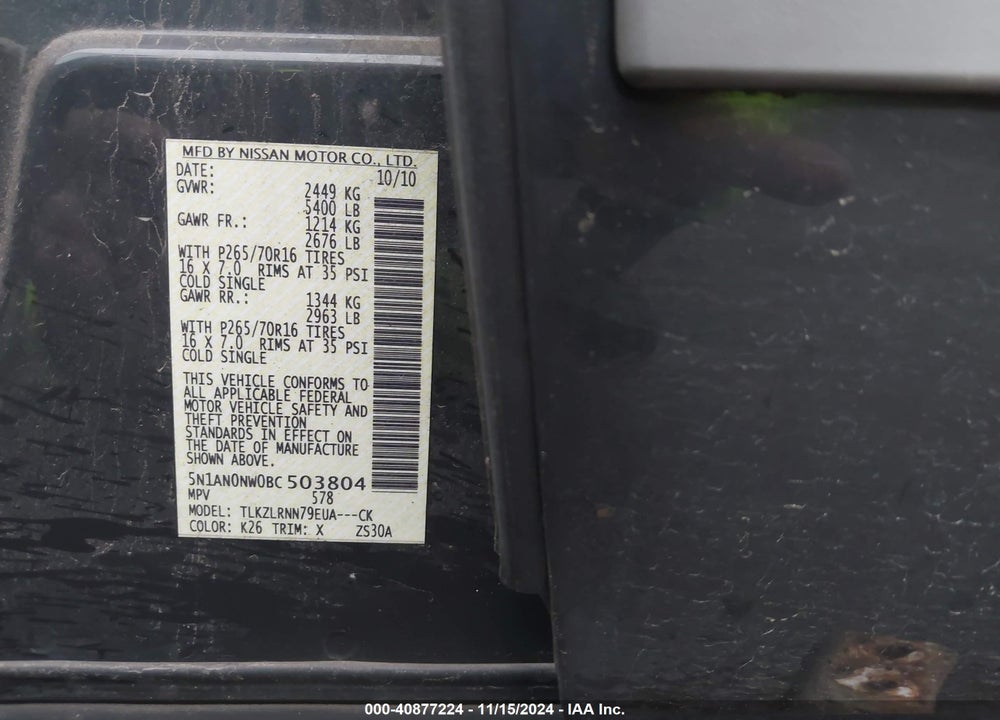 2011 NISSAN XTERRA S VIN: 5N1AN0NW0BC503804