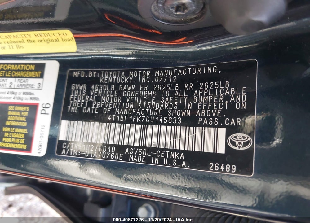 2012 TOYOTA CAMRY LE VIN: 4T1BF1FK7CU145633