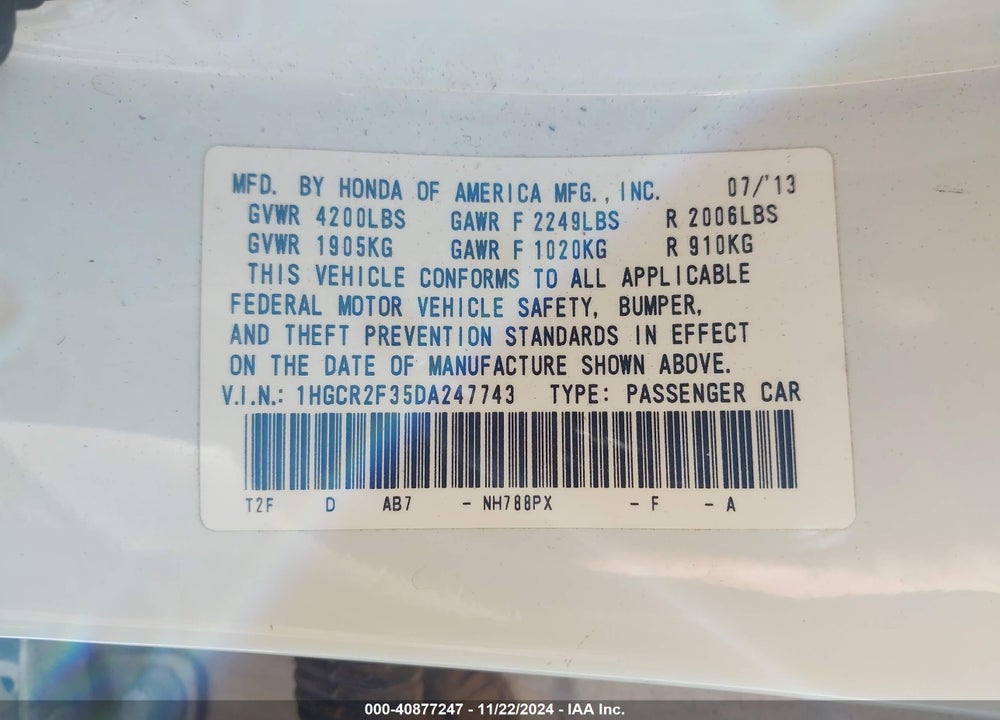 2013 HONDA ACCORD LX VIN: 1HGCR2F35DA247743