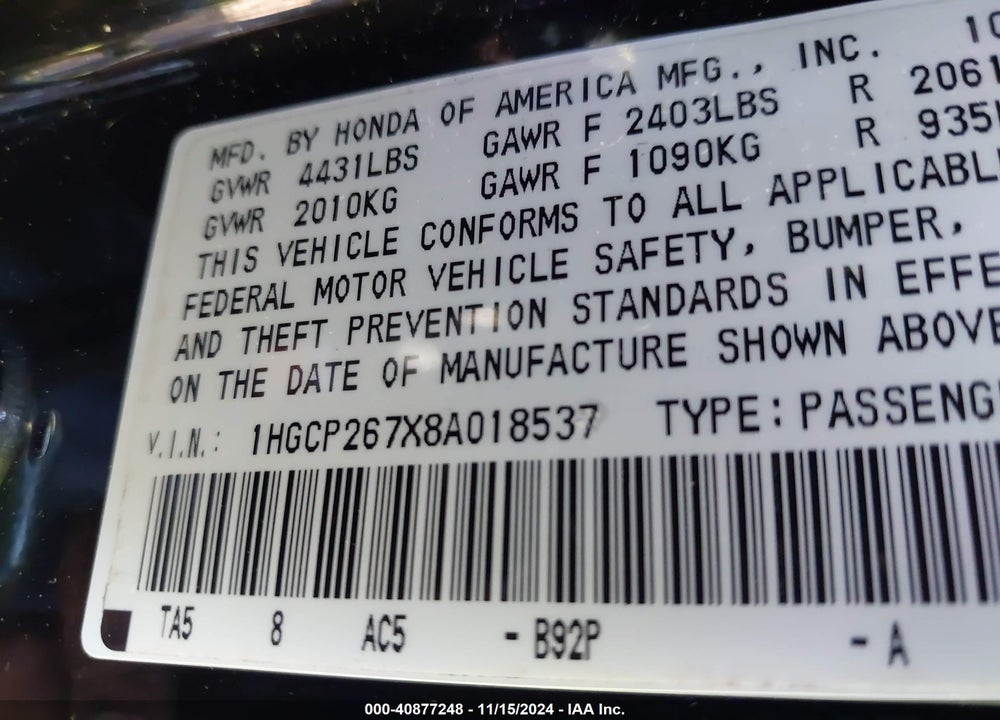 2008 HONDA ACCORD 2.4 EX VIN: 1HGCP267X8A018537