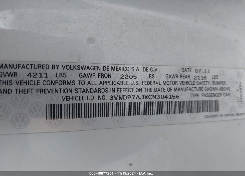 2012 VOLKSWAGEN JETTA 2.5L SE VIN: 3VWDP7AJXCM304156