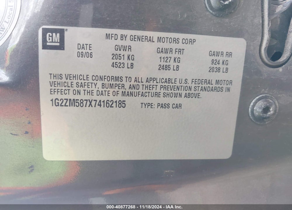 2007 PONTIAC G6 GTP VIN: 1G2ZM587X74162185