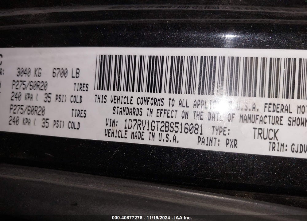 2011 RAM 1500 LAIE VIN: 1D7RV1GT2BS516081