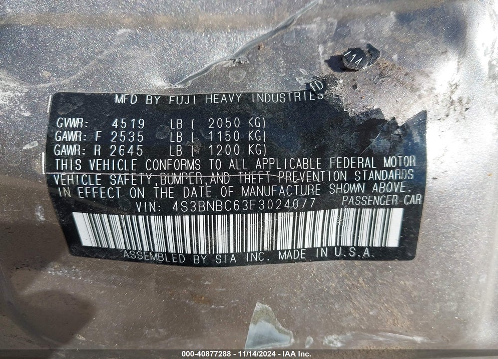 2015 SUBARU LEGACY VIN: 4S3BNBC63F3024077