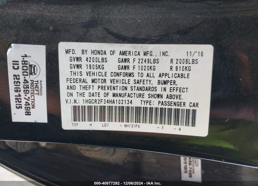 2017 HONDA ACCORD LX VIN: 1HGCR2F34HA102134