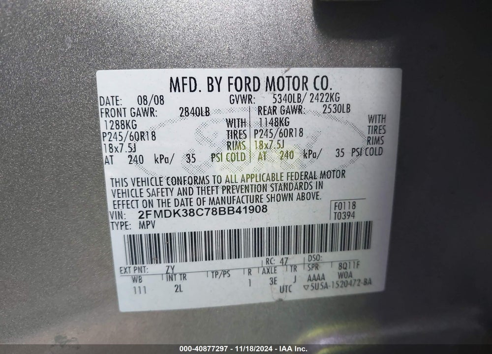 2008 FORD EDGE SEL VIN: 2FMDK38C78BB41908