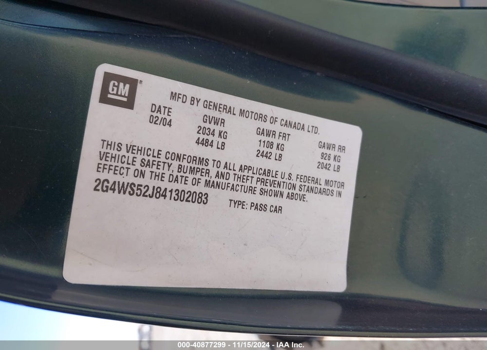 2004 BUICK CENTURY VIN: 2G4WS52J841302083