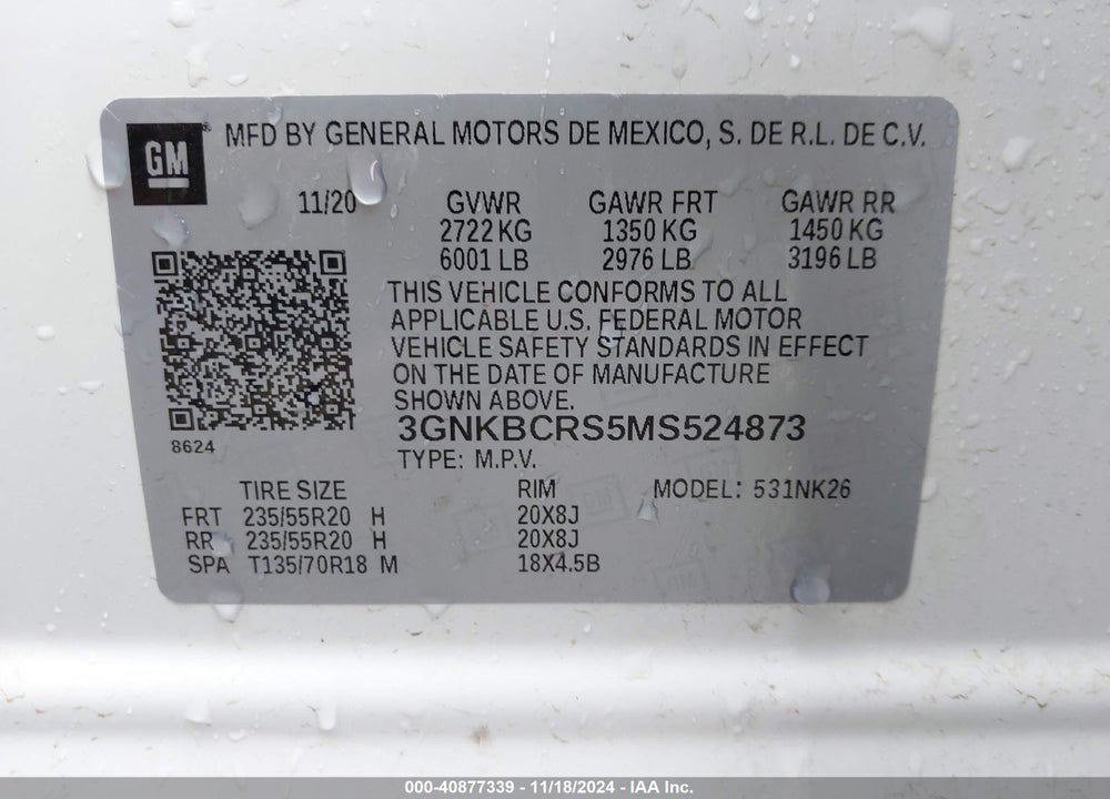2021 CHEVROLET BLAZER VIN: 3GNKBCRS5MS524873