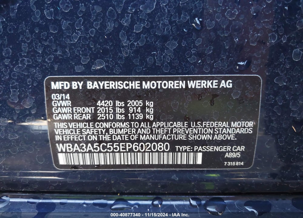 2014 BMW 328I VIN: WBA3A5C55EP602080