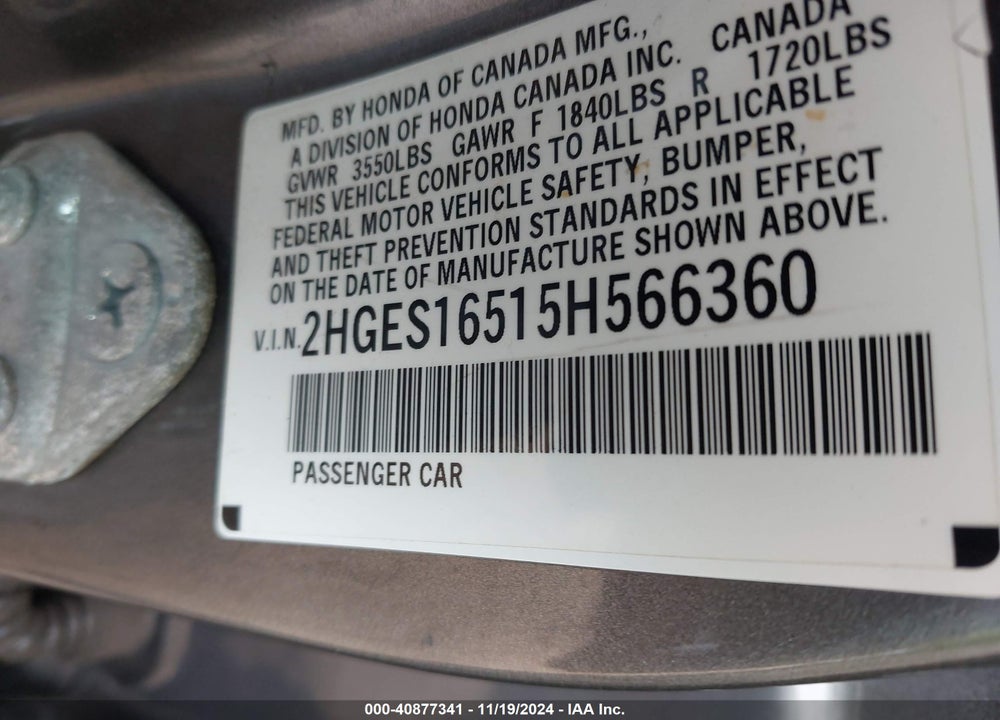 2005 HONDA CIVIC LX VIN: 2HGES16515H566360