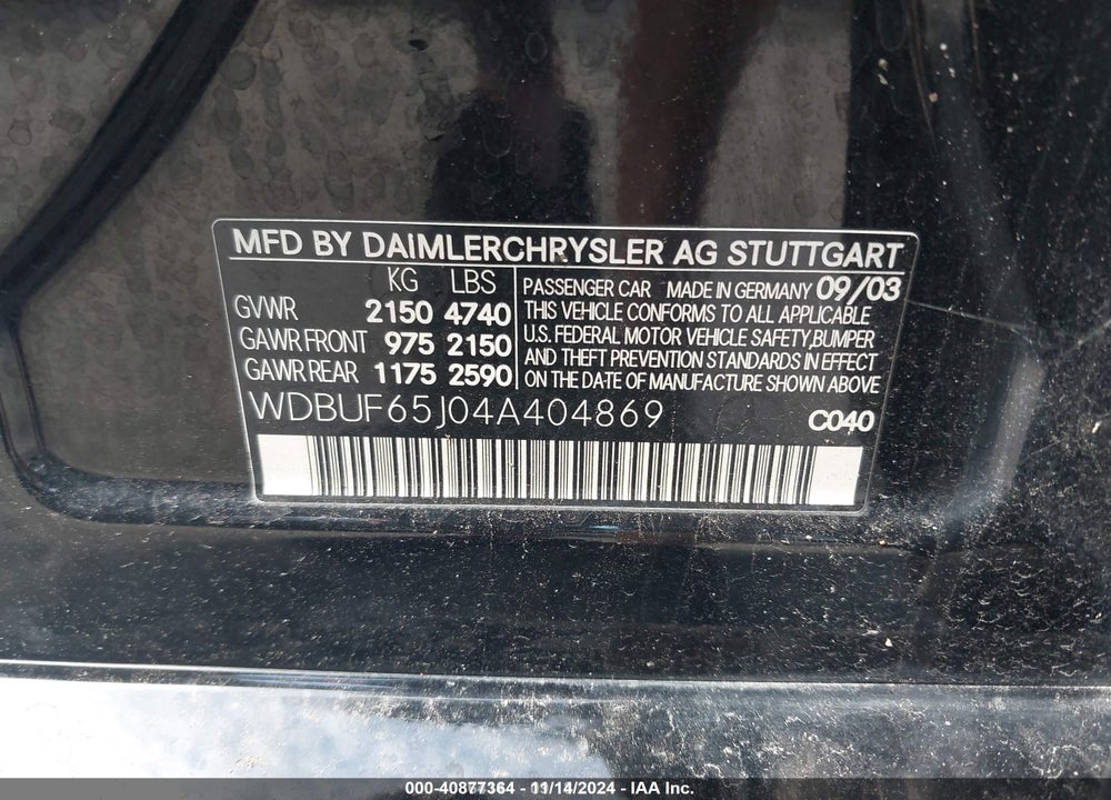 2004 MERCEDES-BENZ E 320 VIN: WDBUF65J04A404869