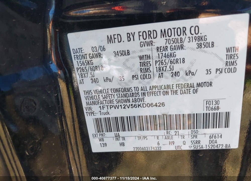 2006 FORD F-150 LARIAT/XLT VIN: 1FTPW12V56KD06426