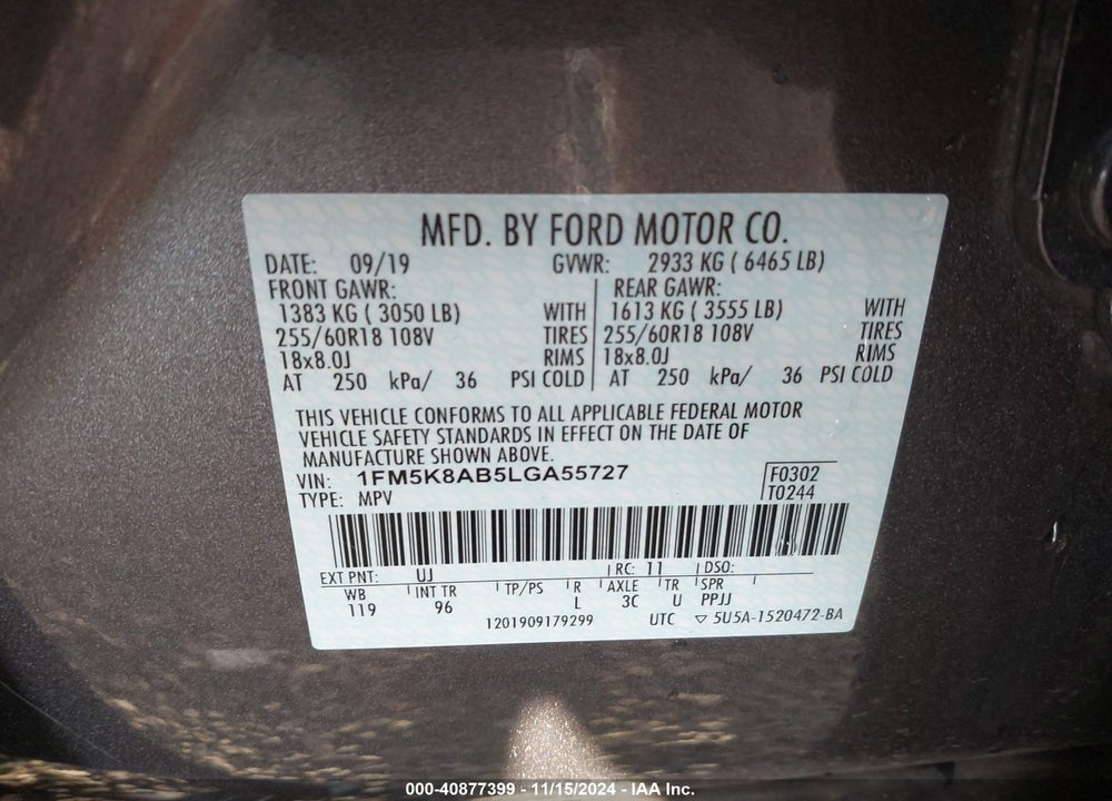 2020 UTILITY FORD POLICE INTERCEPTOR VIN: 1FM5K8AB5LGA55727