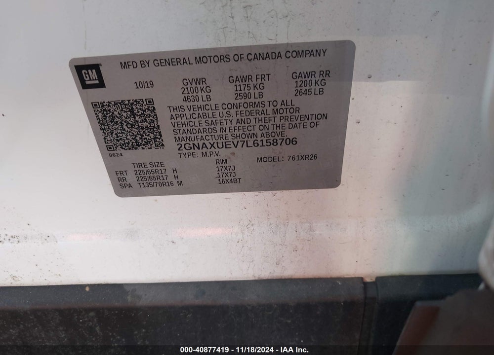2020 CHEVROLET EQUINOX AWD LT 1.5L TURBO VIN: 2GNAXUEV7L6158706