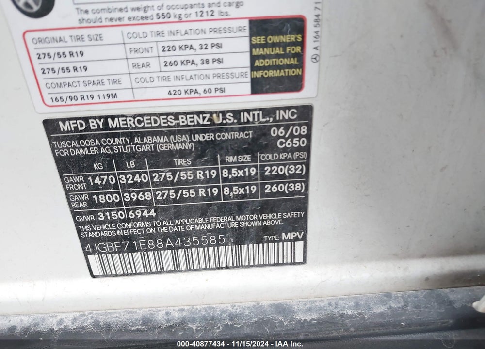2008 MERCEDES-BENZ GL 450 4MATIC VIN: 4JGBF71E88A435585