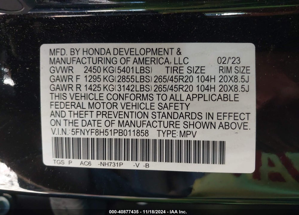 2023 HONDA PASSPORT AWD EX-L VIN: 5FNYF8H51PB011858