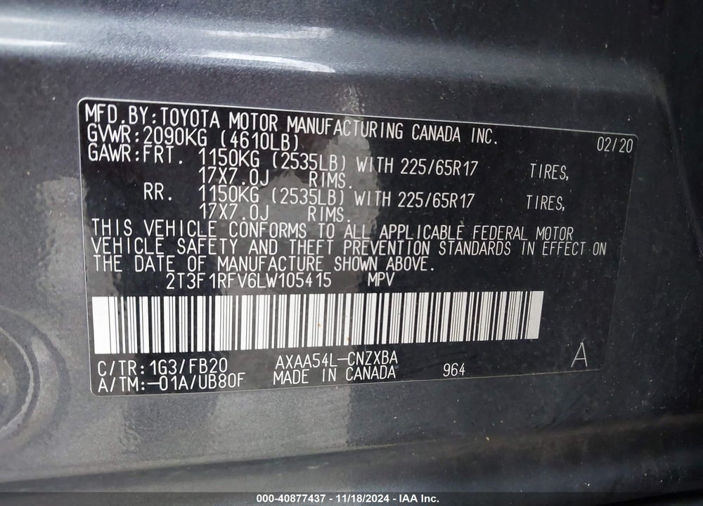 2020 TOYOTA RAV4 LE VIN: 2T3F1RFV6LW105415