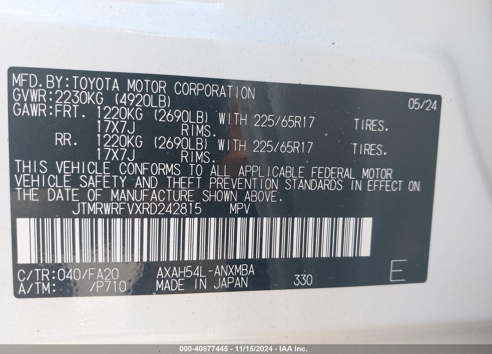 2024 TOYOTA RAV4 HYBRID XLE VIN: JTMRWRFVXRD242815