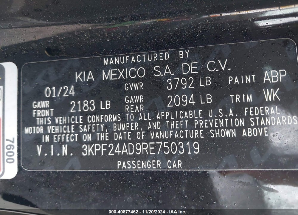 2024 KIA FORTE LX VIN: 3KPF24AD9RE750319