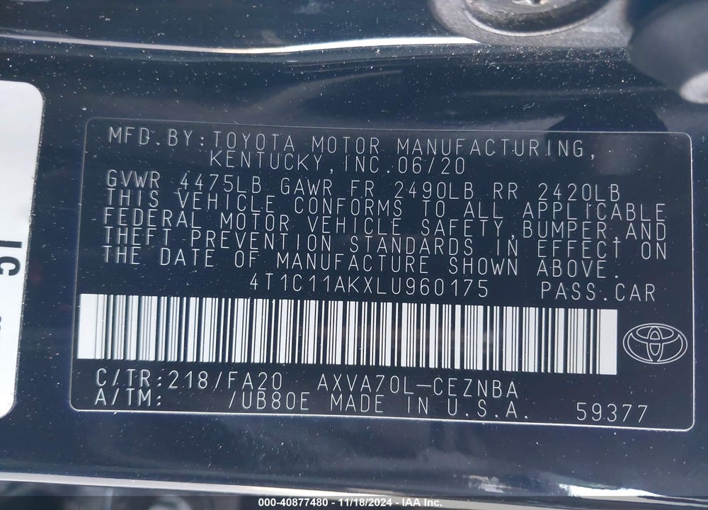 2020 TOYOTA CAMRY LE VIN: 4T1C11AKXLU960175