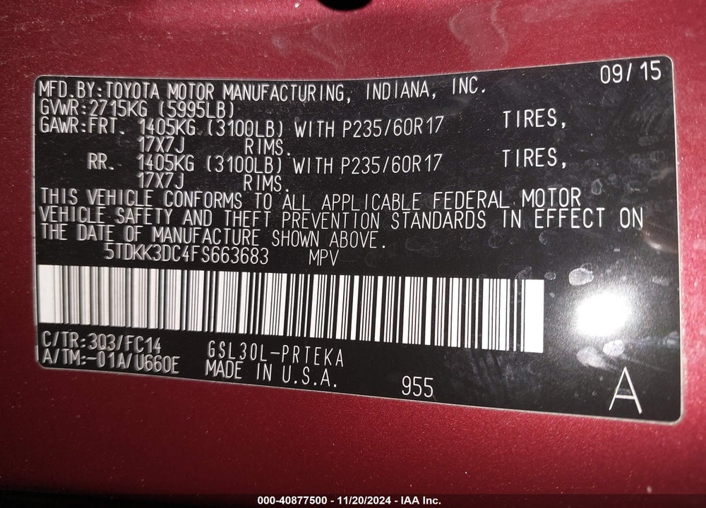 2015 TOYOTA SIENNA LE 8 PASSENGER VIN: 5TDKK3DC4FS663683