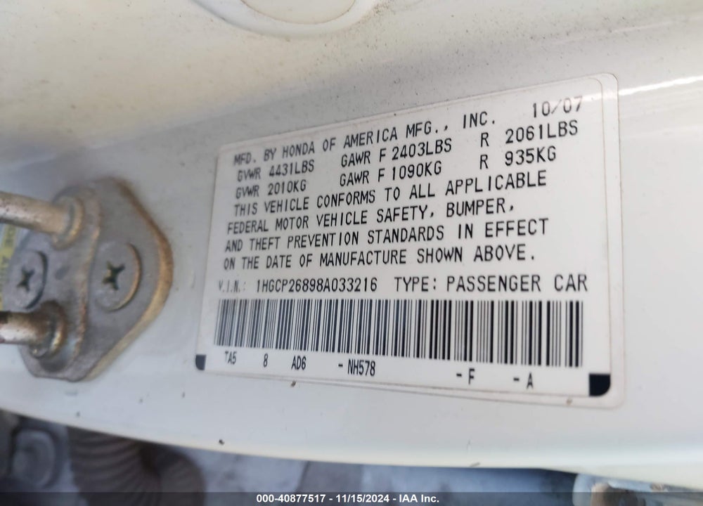 2008 HONDA ACCORD 2.4 EX-L VIN: 1HGCP26898A033216